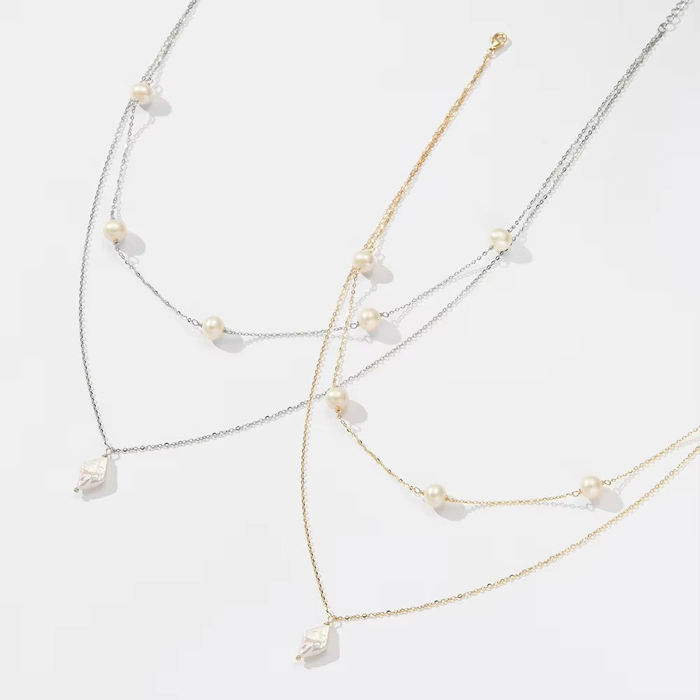 Double Pearl Stacked Necklace 925 sterling silver ladies elegant Pearl Necklace