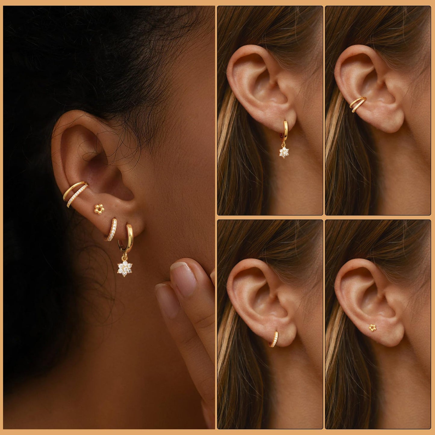 Flower Stud Earrings with Zircon Hexagonal Star Pendant Female Earrings