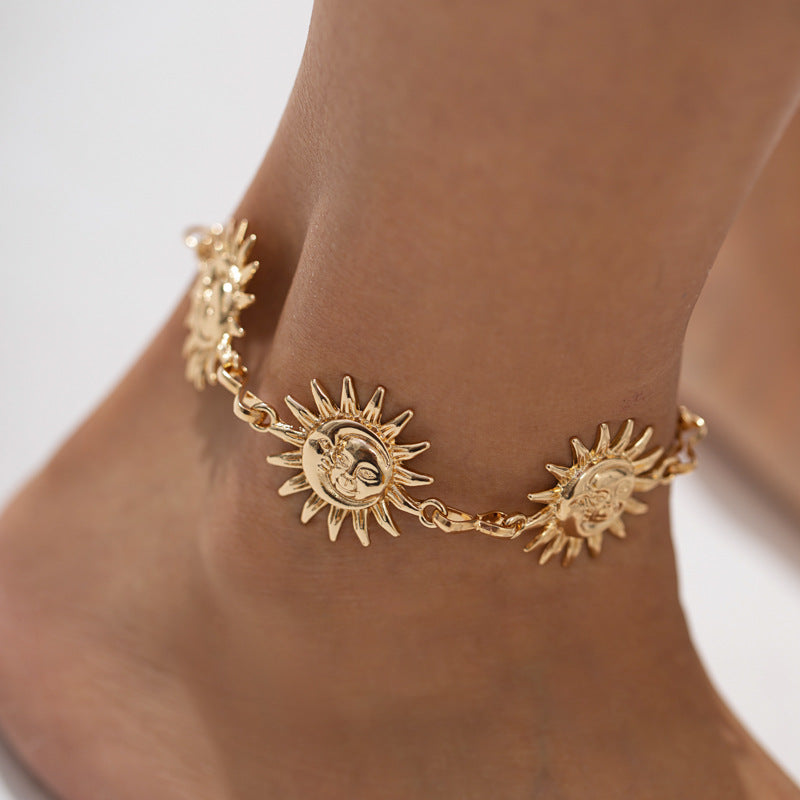 Vacation Style Beach Face Sun Stitching Anklet Advanced Sense Tassel Alloy Foot Ornaments