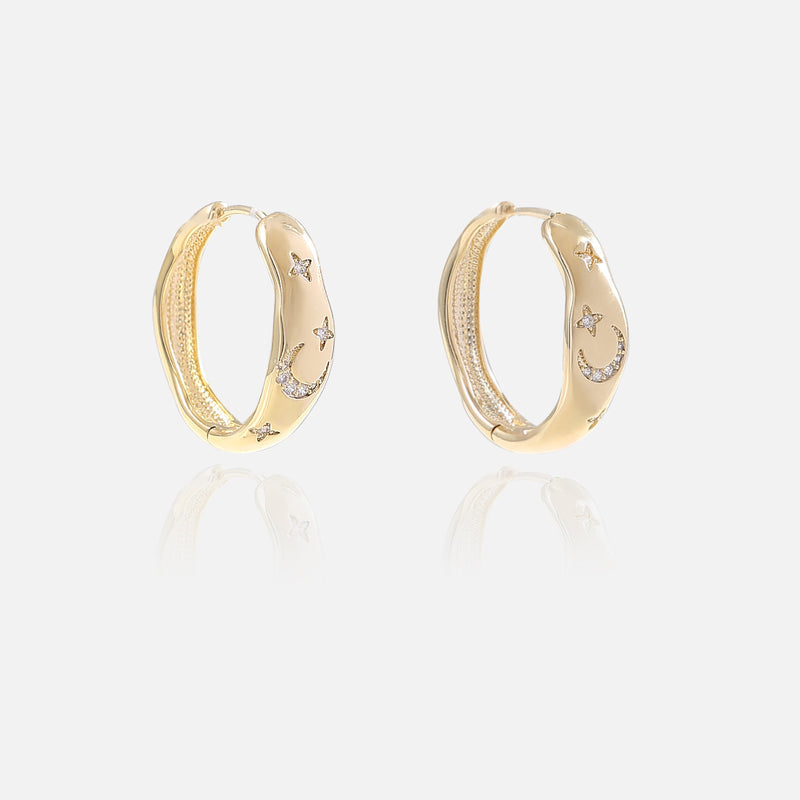 Star and Moon Zircon Irregular Hoop Simple Earrings