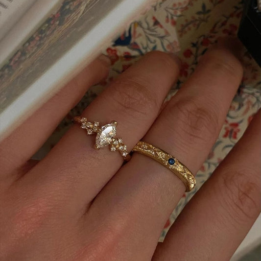 Full Diamond Brushed Carved Gold Light Luxury Stackable Open Ring