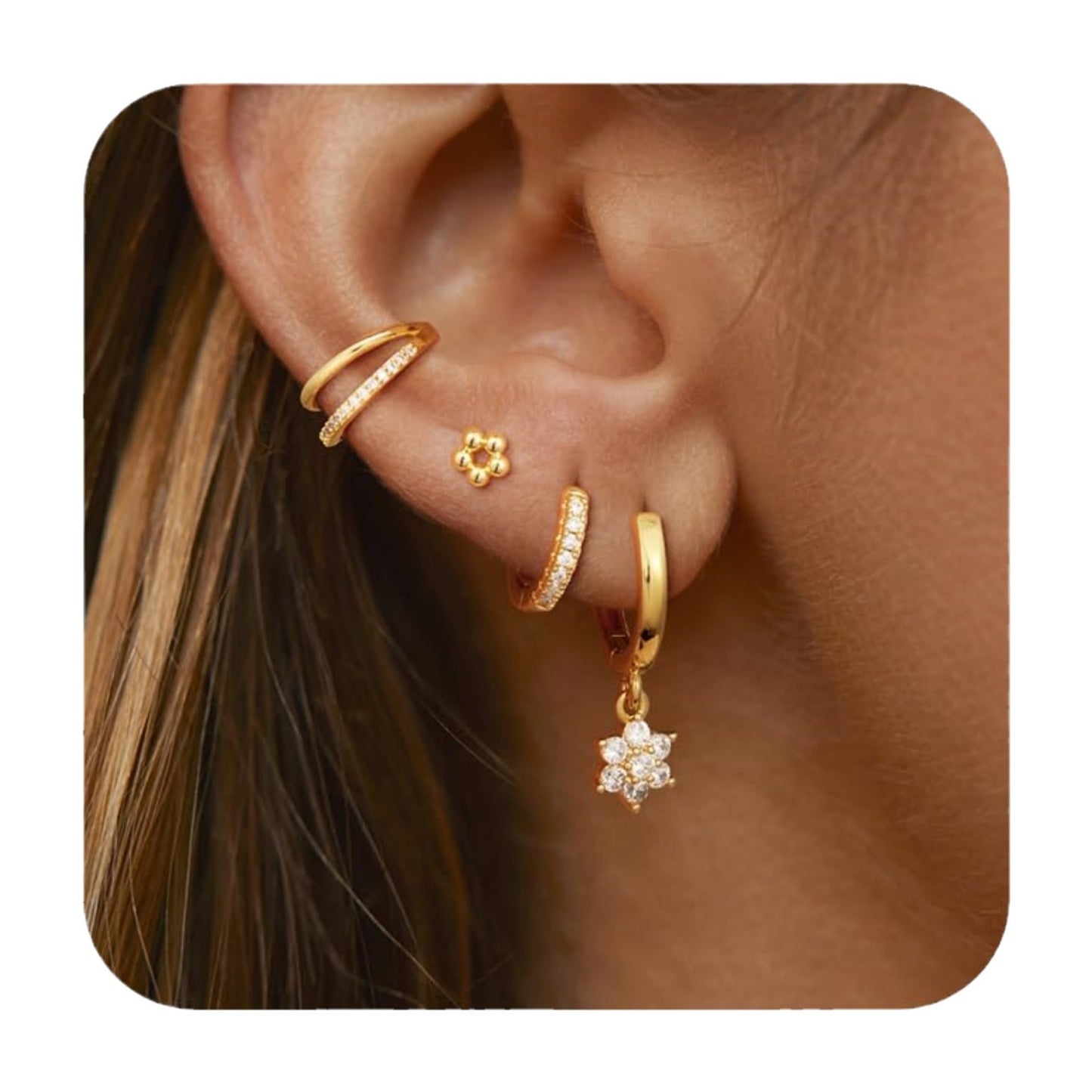 Flower Stud Earrings with Zircon Hexagonal Star Pendant Female Earrings