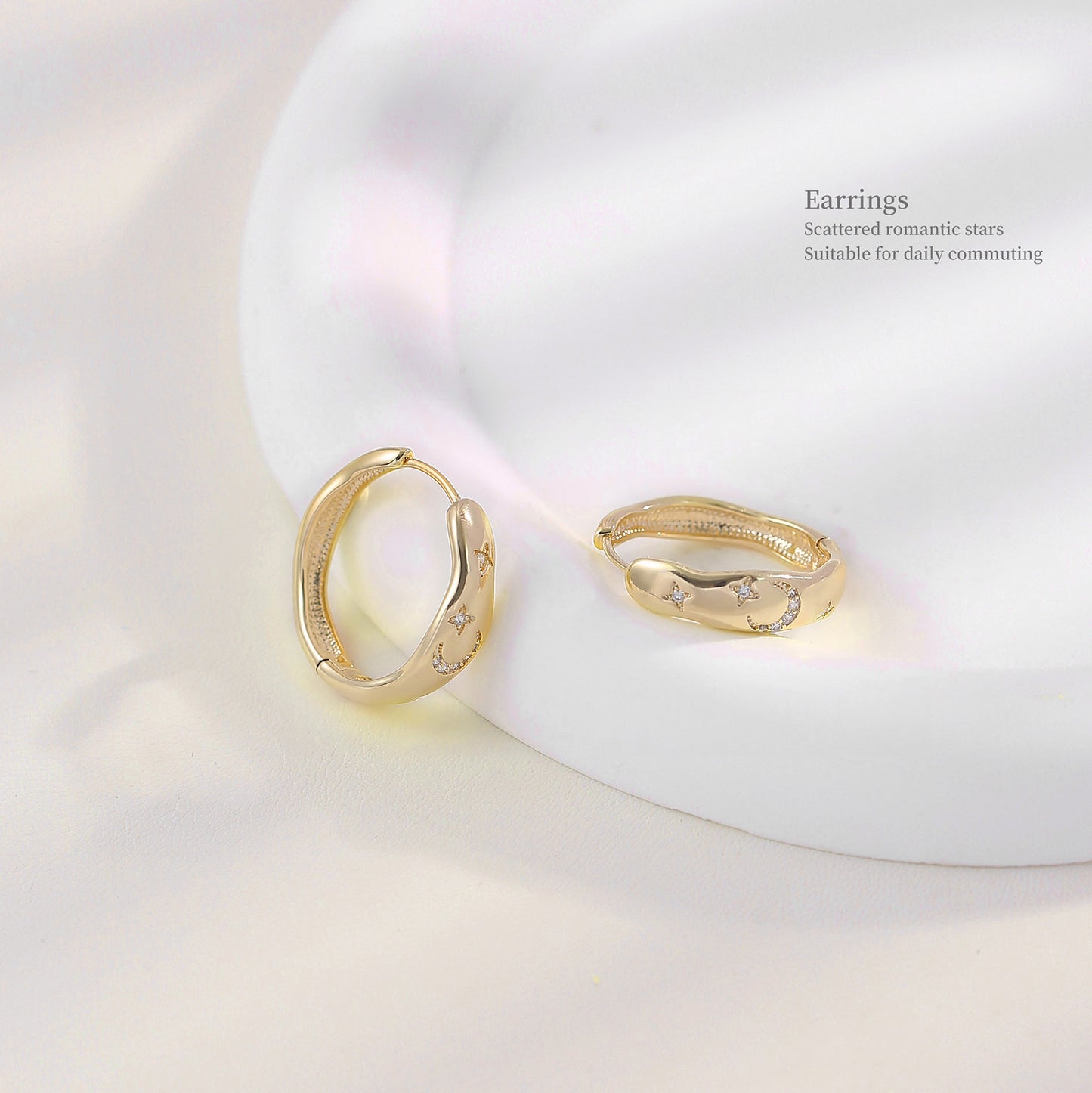 Star and Moon Zircon Irregular Hoop Simple Earrings