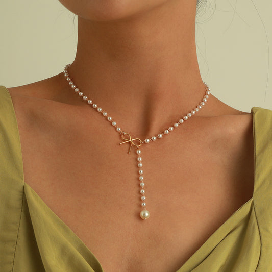Alloy Bowknot Pearl Tassel Pendant Necklace Women's Elegant Necklace