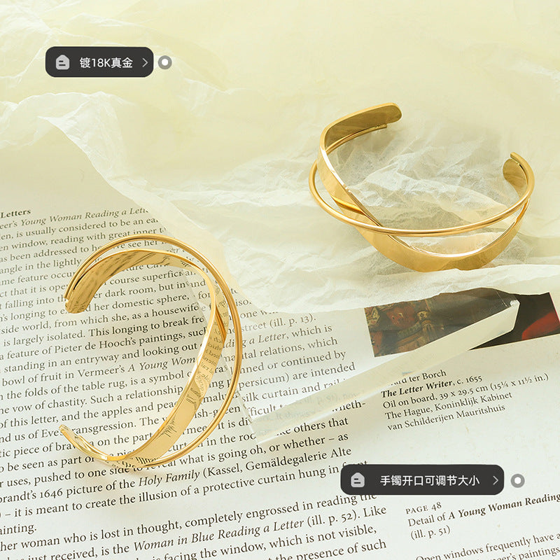 Europe and America ins Fashionable Versatile Cross Glossy Open Bracelet Titanium Steel Plated18K Genuine Gold Bracelet Jewelry Z195