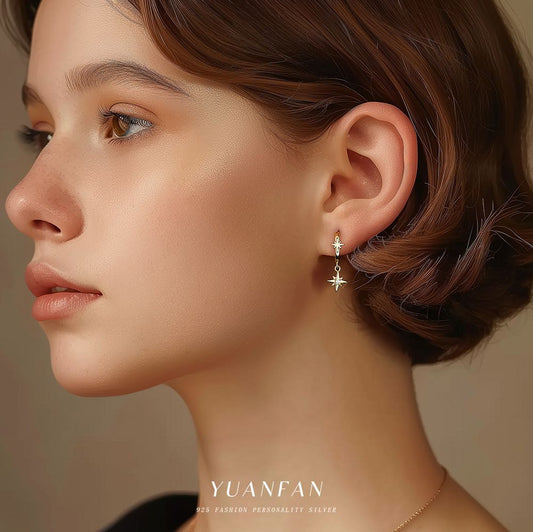 S925 sterling silver earrings female zircon octagonal star earrings