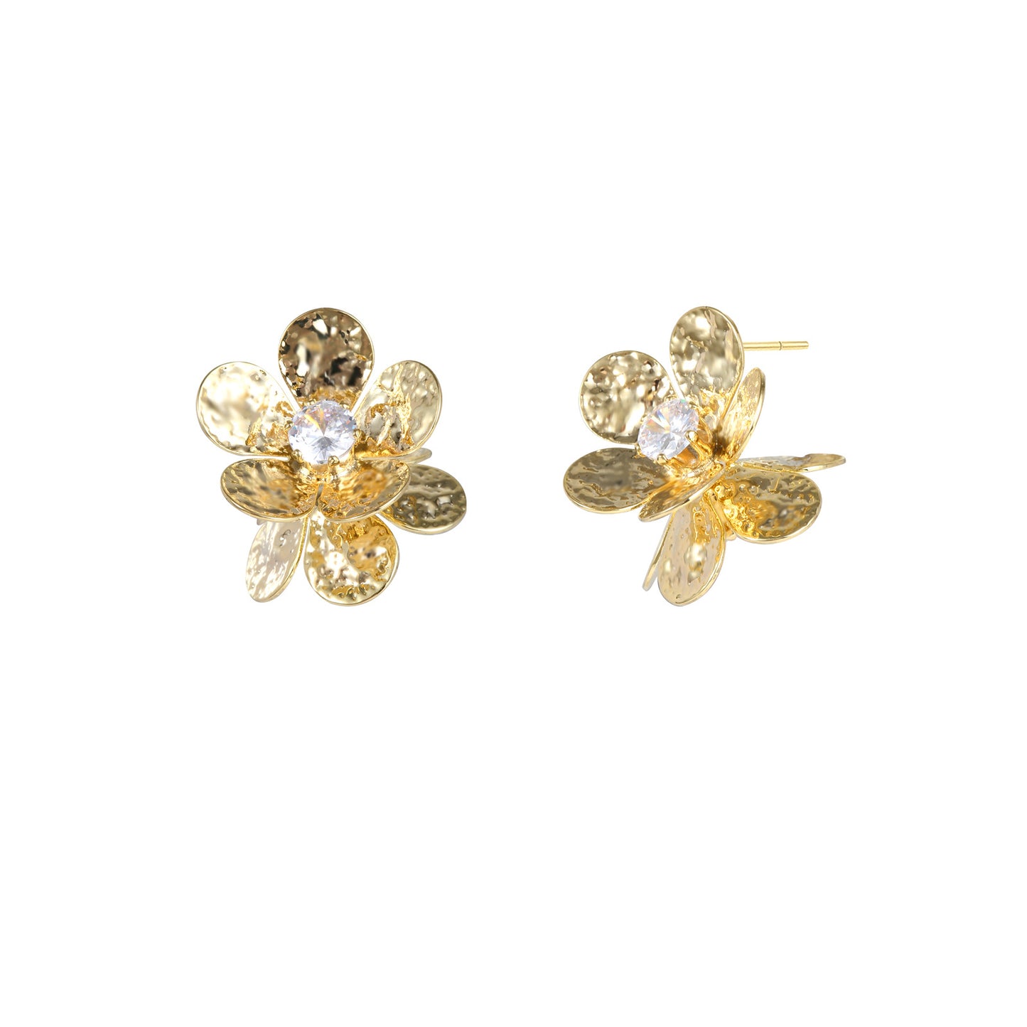 Double Flower Embrace Hammered Zircon Stud Earrings for Women