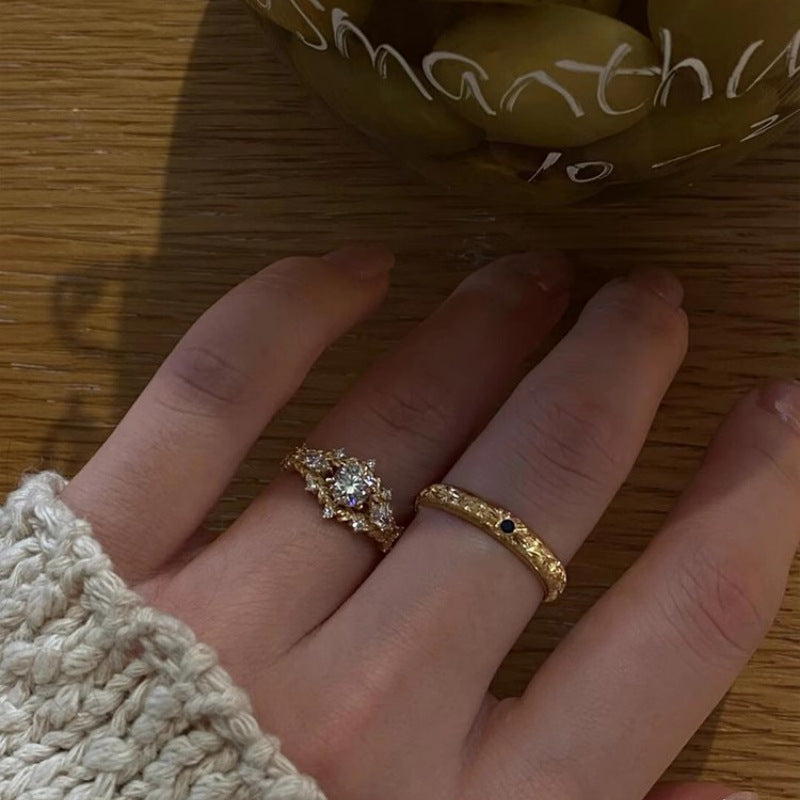 Full Diamond Brushed Carved Gold Light Luxury Stackable Open Ring