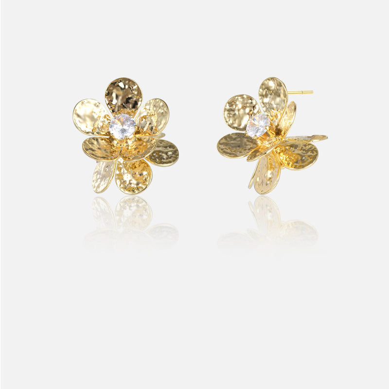 Double Flower Embrace Hammered Zircon Stud Earrings for Women