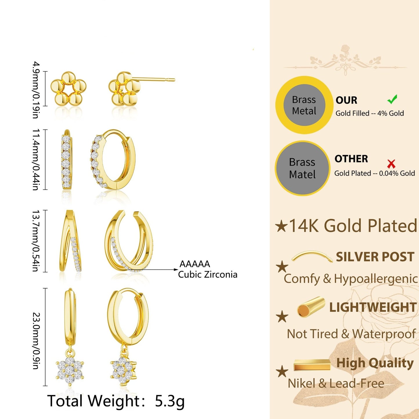 Flower Stud Earrings with Zircon Hexagonal Star Pendant Female Earrings