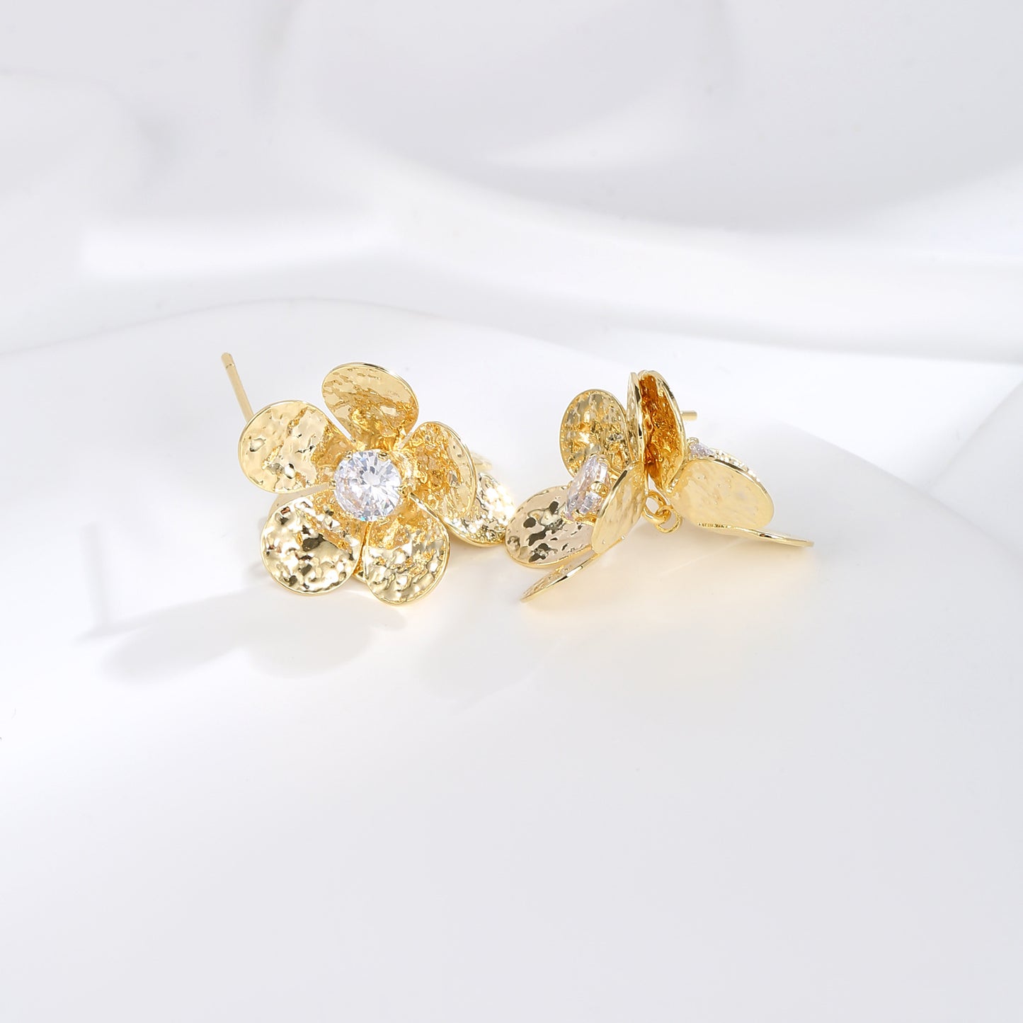 Double Flower Embrace Hammered Zircon Stud Earrings for Women