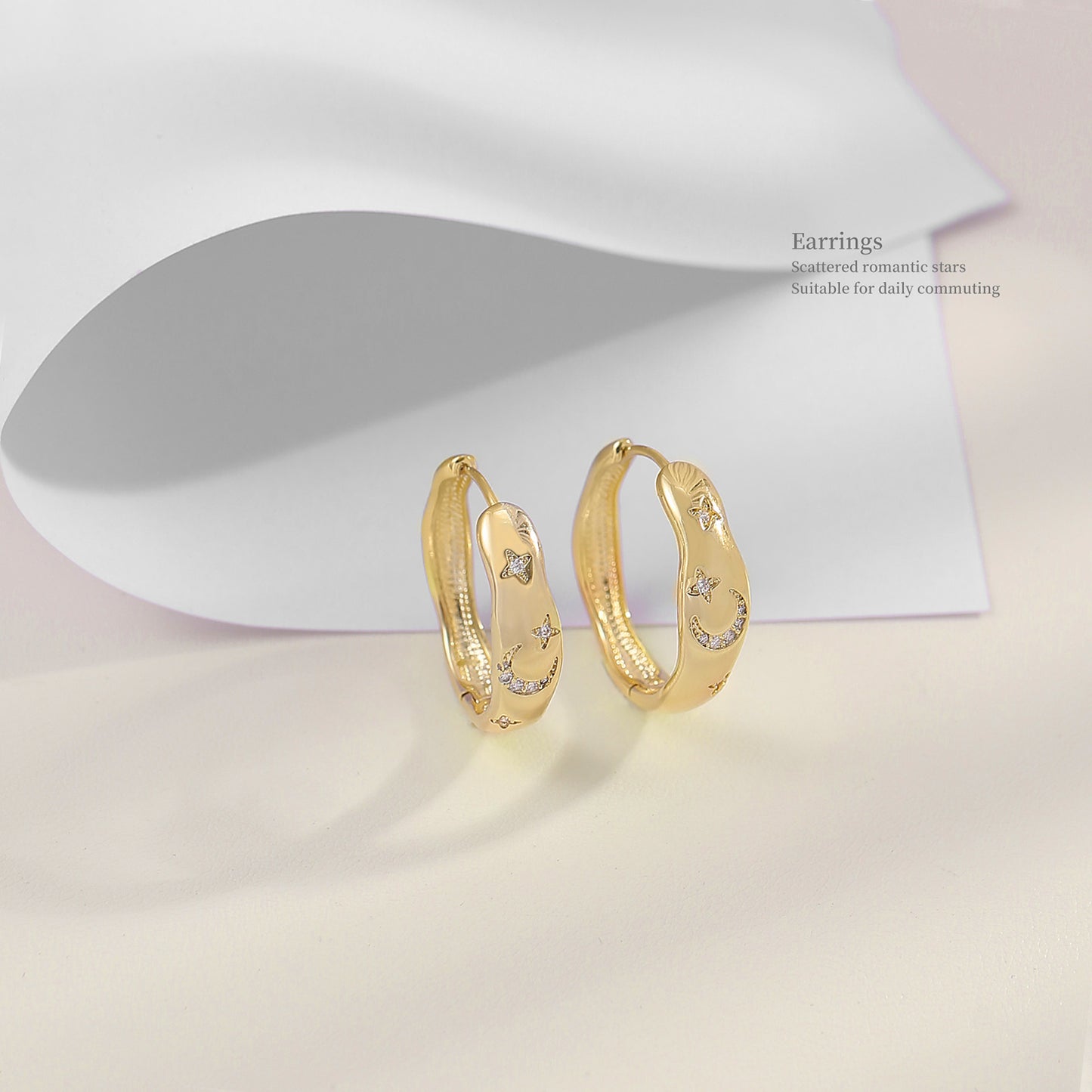 Star and Moon Zircon Irregular Hoop Simple Earrings