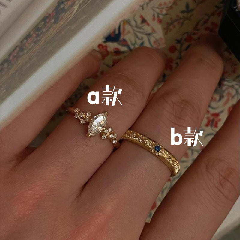 Full Diamond Brushed Carved Gold Light Luxury Stackable Open Ring