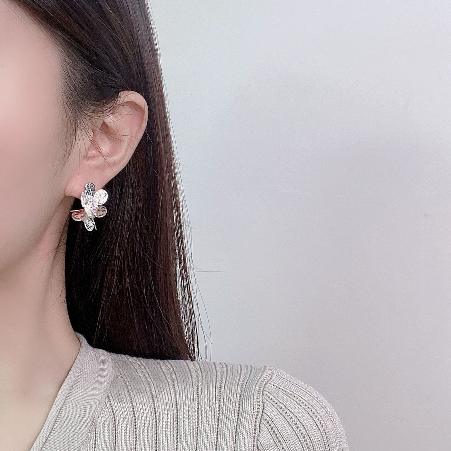 Double Flower Embrace Hammered Zircon Stud Earrings for Women