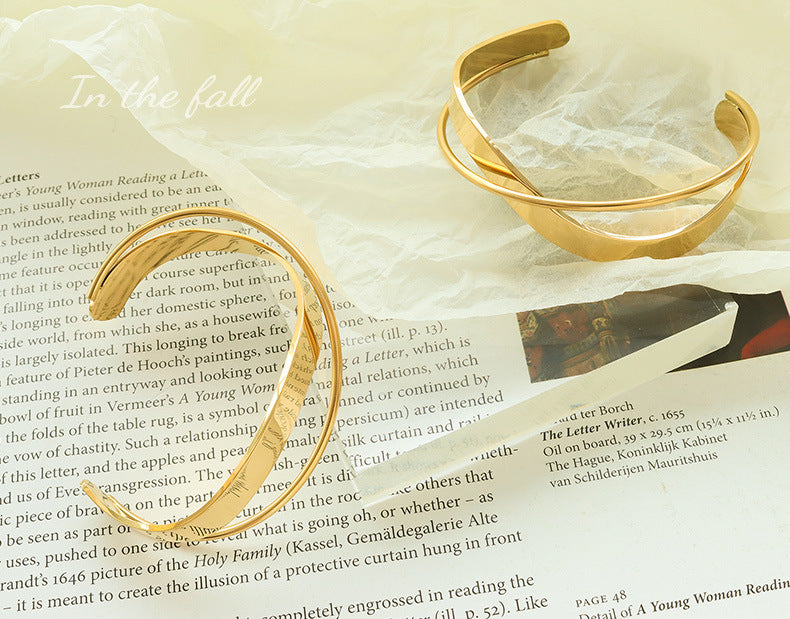 Europe and America ins Fashionable Versatile Cross Glossy Open Bracelet Titanium Steel Plated18K Genuine Gold Bracelet Jewelry Z195