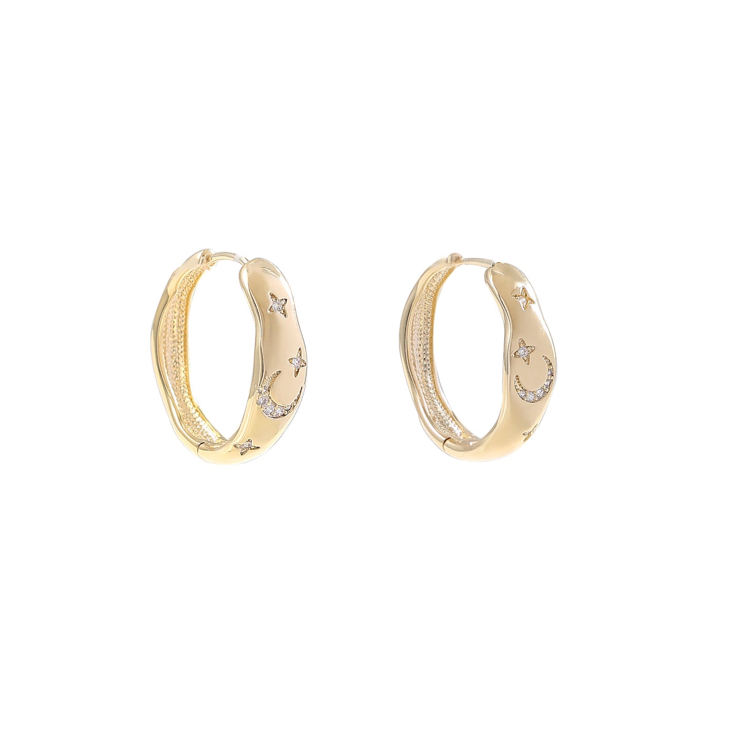 Star and Moon Zircon Irregular Hoop Simple Earrings