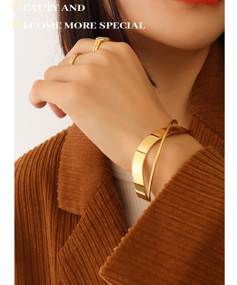 Europe and America ins Fashionable Versatile Cross Glossy Open Bracelet Titanium Steel Plated18K Genuine Gold Bracelet Jewelry Z195