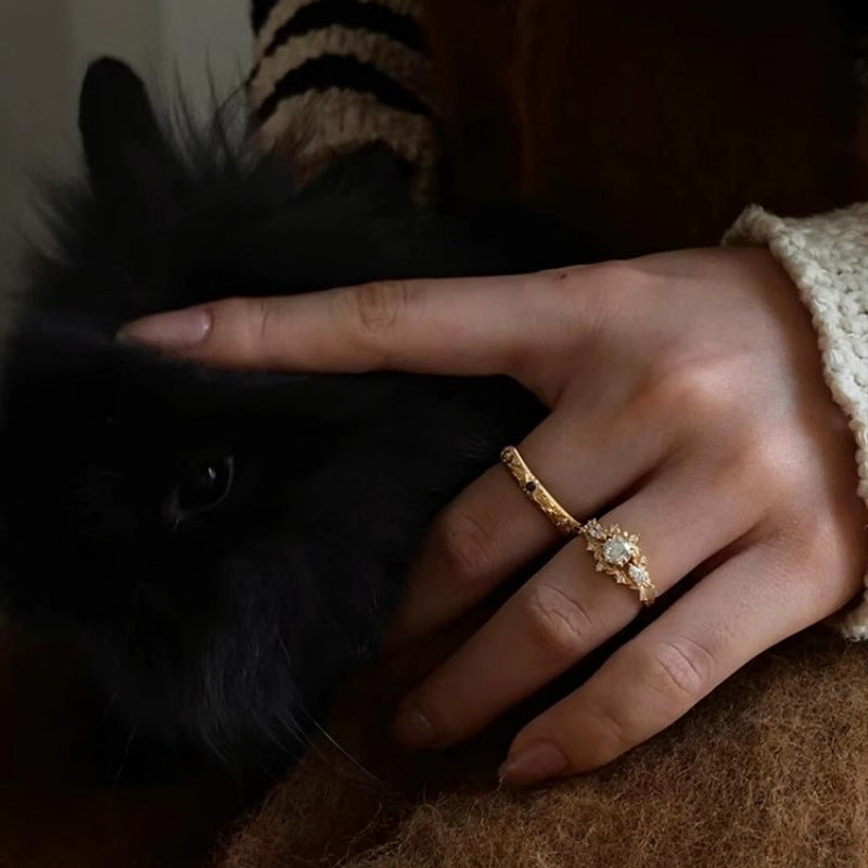 Full Diamond Brushed Carved Gold Light Luxury Stackable Open Ring