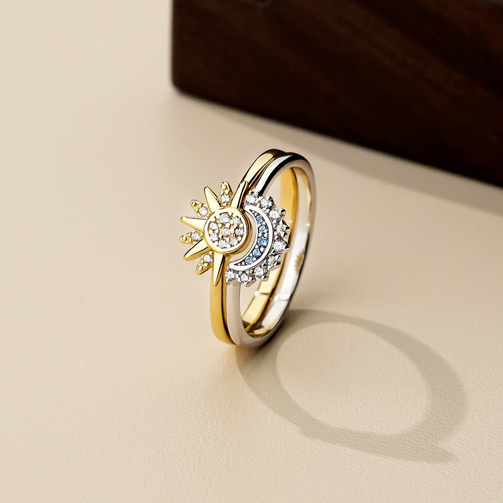 Micro Pave Sparkling Diamond Light Luxury Fashion Versatile Sun Moon Couple Rings Jewelry