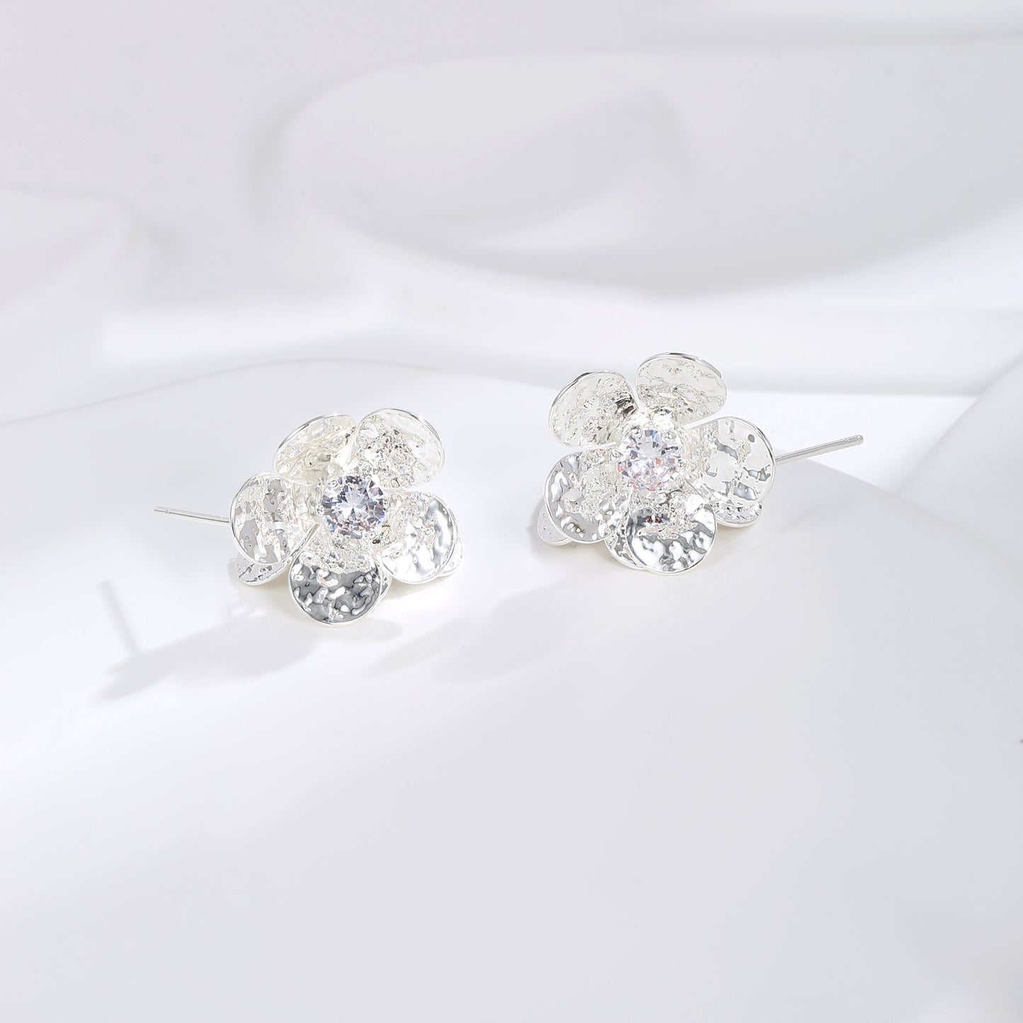 Double Flower Embrace Hammered Zircon Stud Earrings for Women