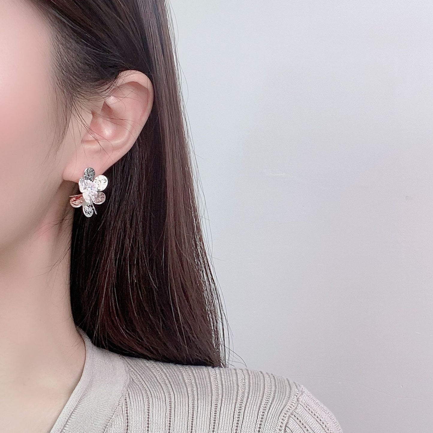Double Flower Embrace Hammered Zircon Stud Earrings for Women