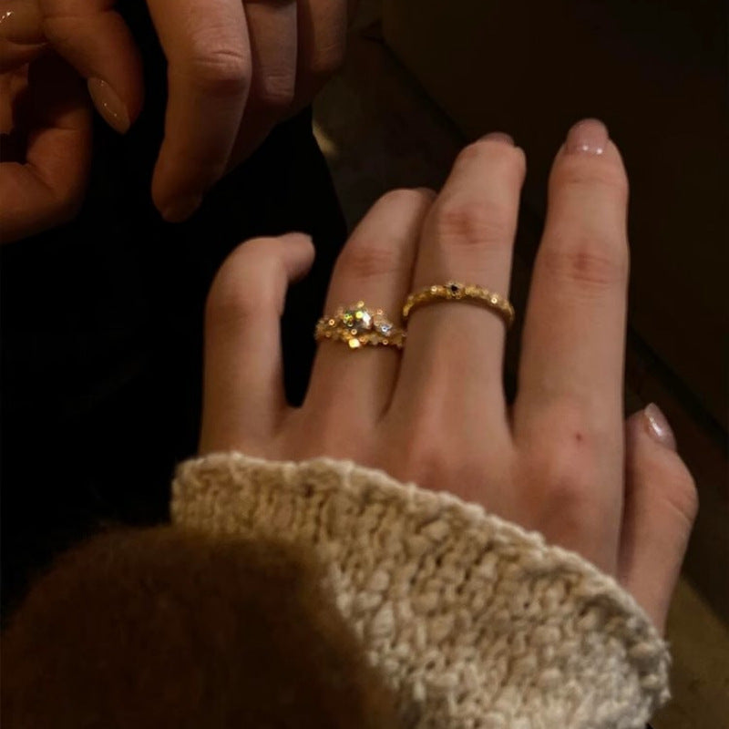 Full Diamond Brushed Carved Gold Light Luxury Stackable Open Ring