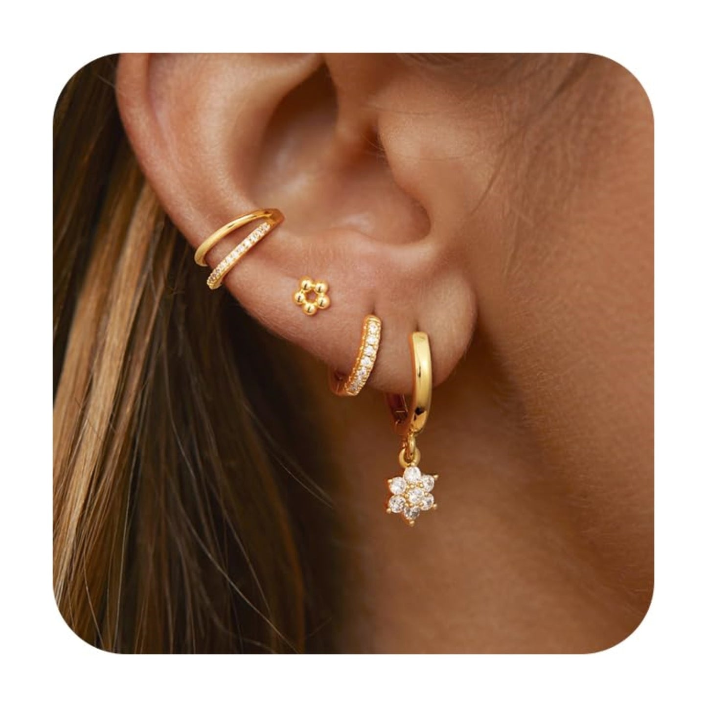 Flower Stud Earrings with Zircon Hexagonal Star Pendant Female Earrings