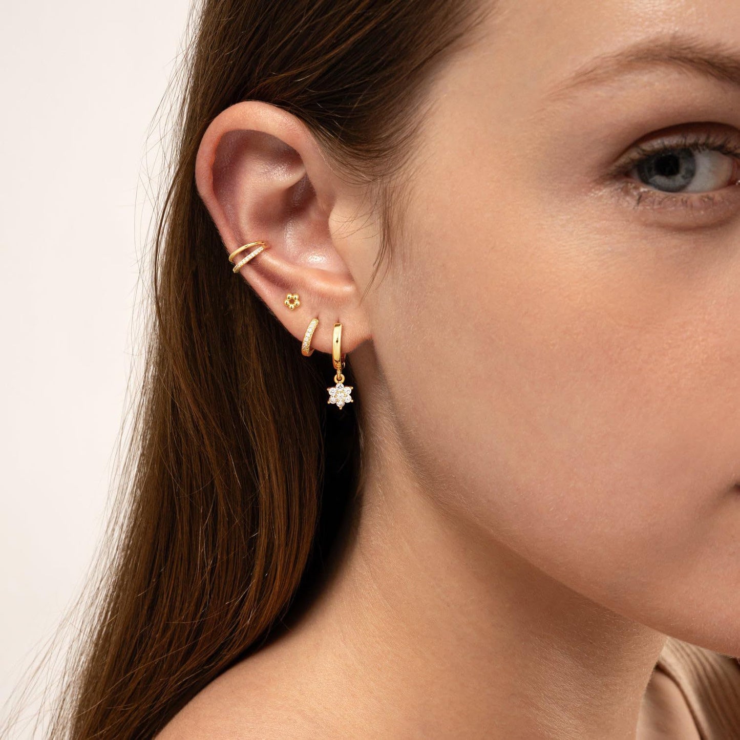 Flower Stud Earrings with Zircon Hexagonal Star Pendant Female Earrings