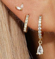 Best Seller in Europe and America Inlaid Zircon Water Drop Luxury Fashion Earrings Three-Piece Set